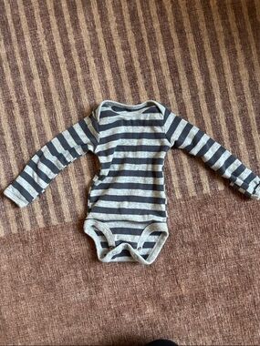 Striped Long-Sleeve Baby One-Piece in Gray and Cream